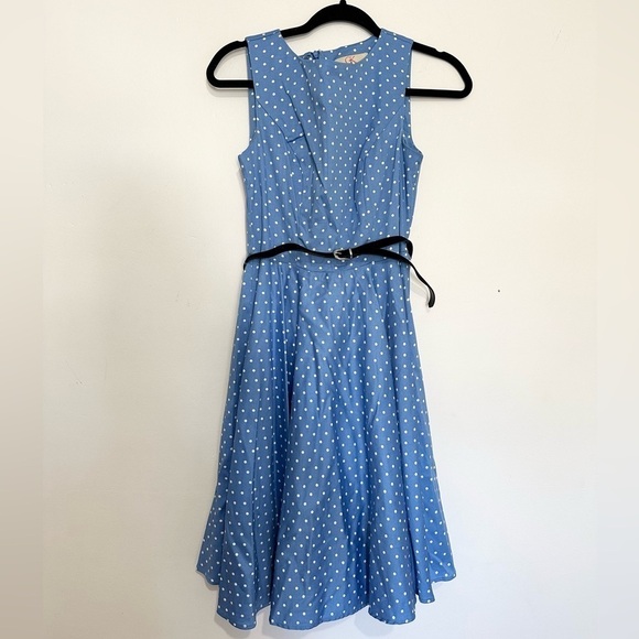Grace Karin Sleeveless Blue Polka Dot Fit and Flare Dress  small Vintage Style - Picture 1 of 4